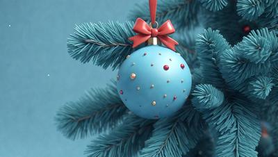 The primary subject of the image is a blue Christmas ornament with a gold bow, which is hanging from a tree. The setting is a Christmas tree, and the visual style appears to be a photo. The ornament has a gold bow and is surrounded by blue and gold colors, creating a festive and joyful atmosphere.